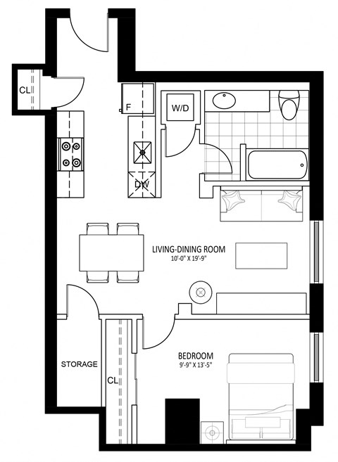 Floor plan for 1 bed, 1 bath, 568 sqft